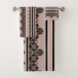 Black lace, openwork, brown background, beige, Bla Bath Towel Set