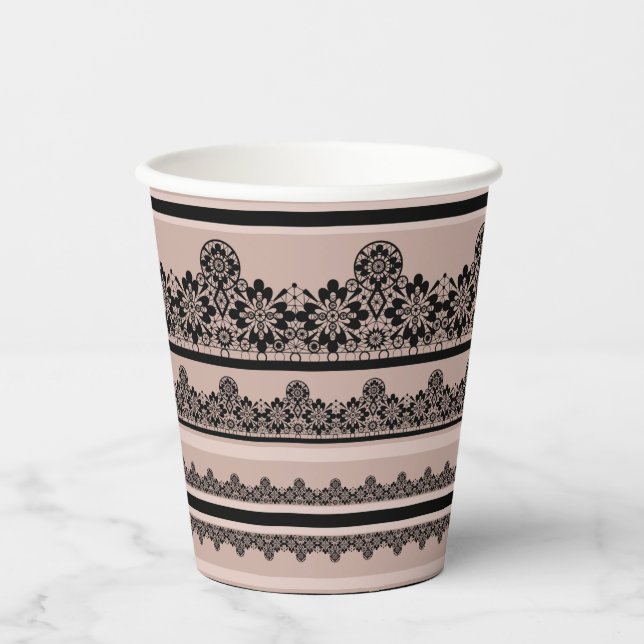 Black lace, openwork, brown background, beige, Bla Paper Cups (Front)