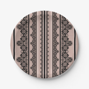 Black lace, openwork, brown background, beige, Bla Paper Plate