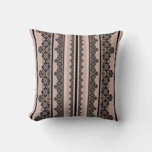 Black lace, openwork, brown background, beige, Bla Throw Pillow