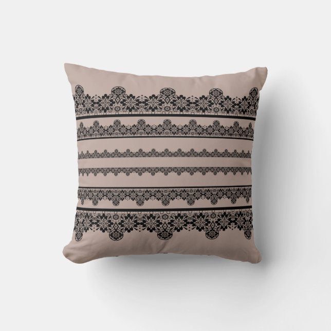 Black lace, openwork, brown background throw pillow (Front)