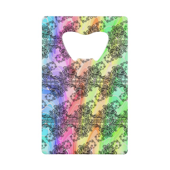 Black Lace Over Pastel Rainbow Wallet Bottle Opener (Front)