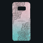 Black Lace Over Sparkling Glitter Uncommon Samsung Galaxy S8 Plus Case<br><div class="desc">Modern elegant sparkling faux glitter in blue-green and salmon pink background.
Black ornate tribal mandala lace. Optional monogram.</div>