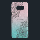 Black Lace Over Sparkling Glitter Uncommon Samsung Galaxy S8 Plus Case<br><div class="desc">Modern elegant sparkling faux glitter in blue-green and salmon pink background.
Black ornate tribal mandala lace. Optional monogram.</div>
