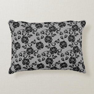 Black lace pattern on white background decorative pillow