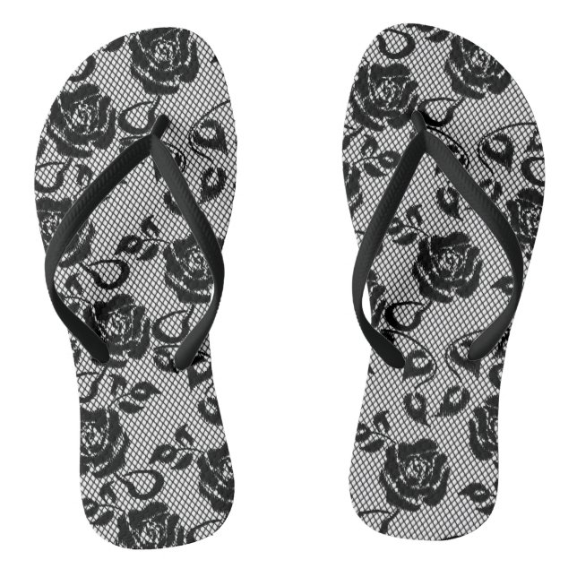 Black lace pattern on white background flip flops (Footbed)