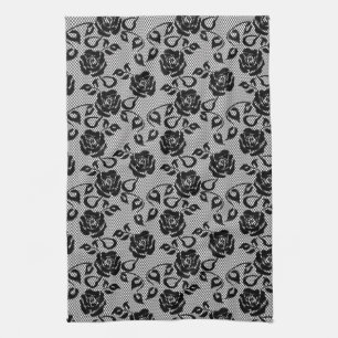 Black lace pattern on white background kitchen towel