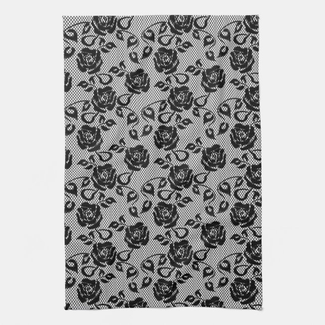 Black lace pattern on white background kitchen towel (Vertical)