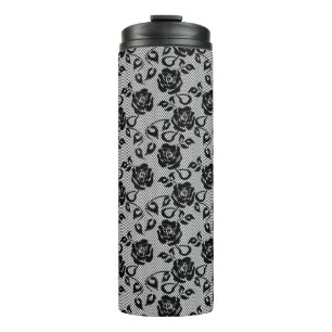 Black lace pattern on white background thermal tumbler