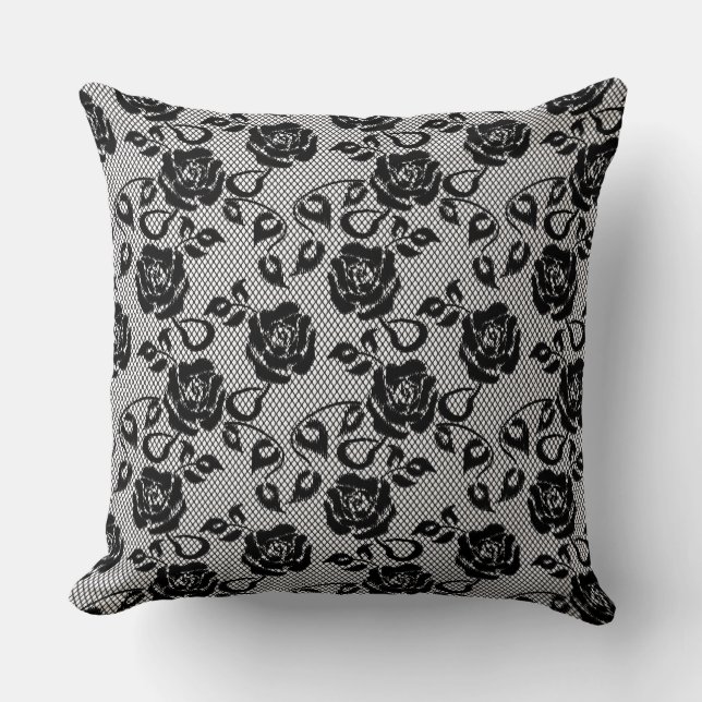 Black lace pattern on white background throw pillow (Front)