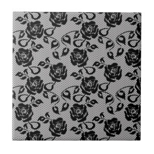 Black lace pattern on white background tile