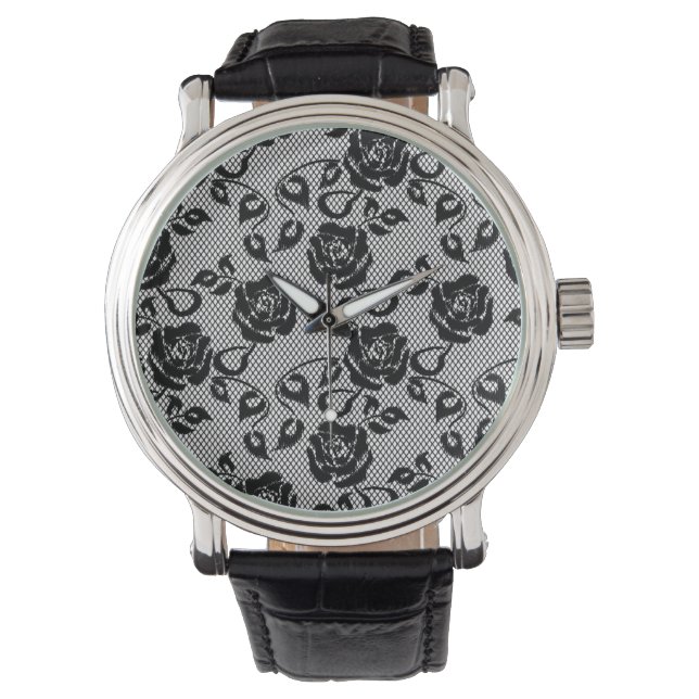 Black lace pattern on white background watch (Front)