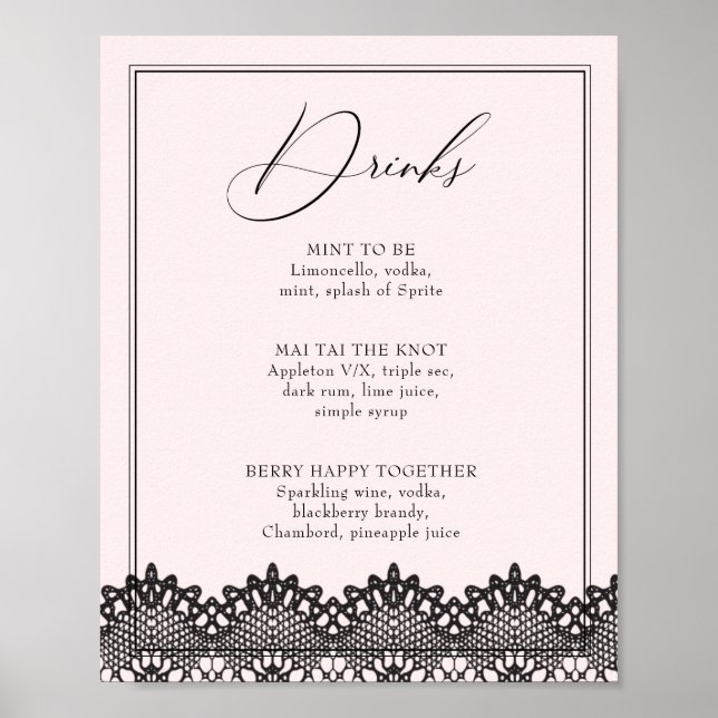 Black Lace Pink Bachelorette Drink or Bar Menu Poster (Front)