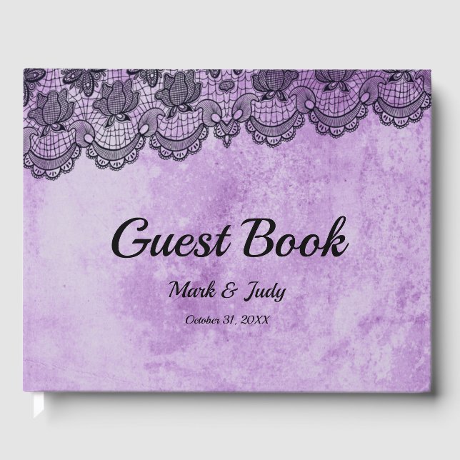 Black Lace Purple Gothic Wedding Guest Book (Front)