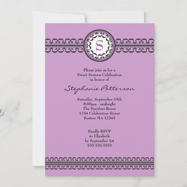 Black Lace Purple Monogram Sweet 16 Invitation (Front)