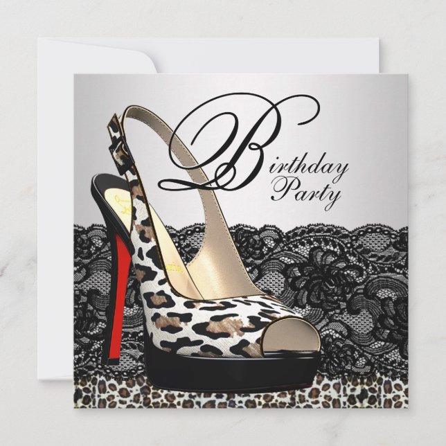 Black Lace Red Leopard Birthday Party Invitations (Front)