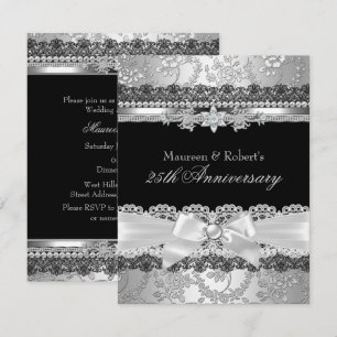 Black Lace & Silver Pearl Bow 25th Anniversary Invitation