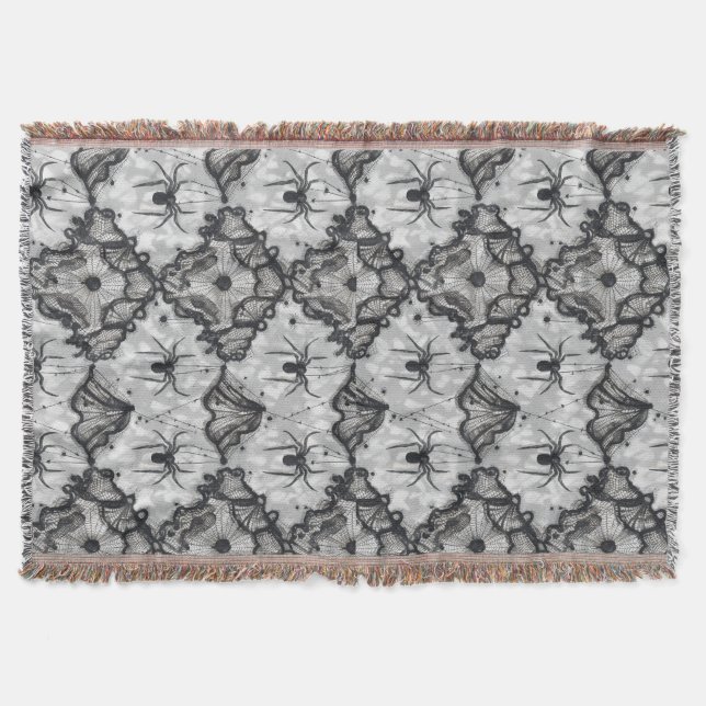 Black Lace Spider Web Seamless Pattern – Gothic Throw Blanket (Front)