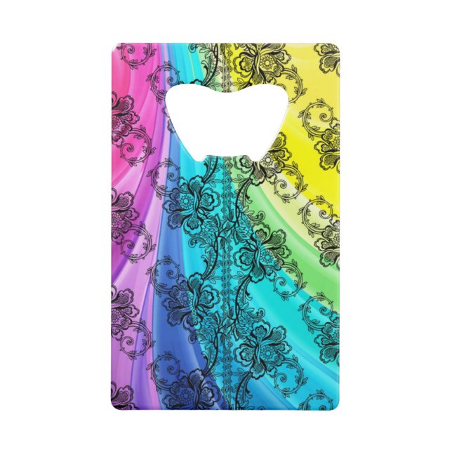 Black Lace Swirling Pastel Rainbow Wallet Bottle Opener (Front)