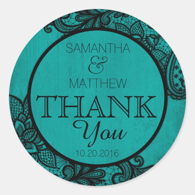 Black Lace Teal Modern Goth Thank You Label (Front)