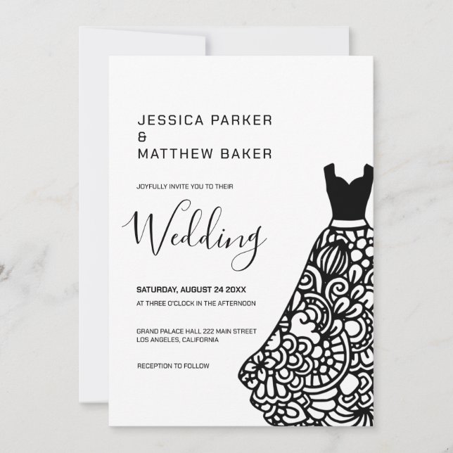 Black Lace Wedding Dress  Invitation (Front)