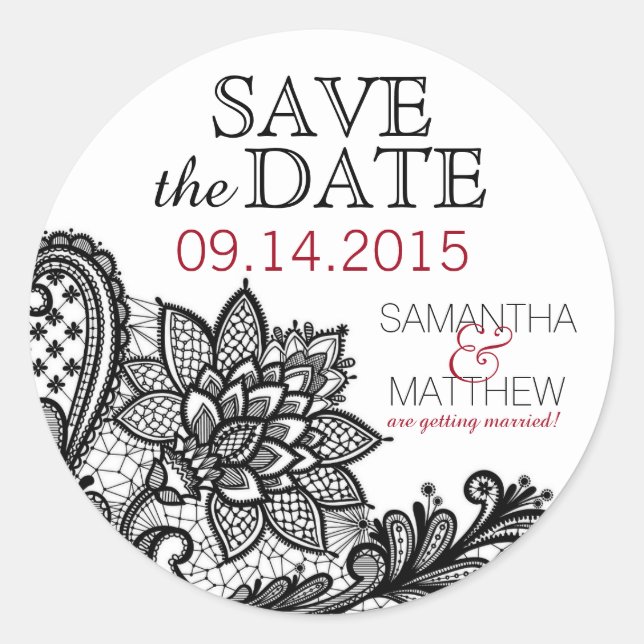 Black Lace White Modern Goth Save the Date Label (Front)