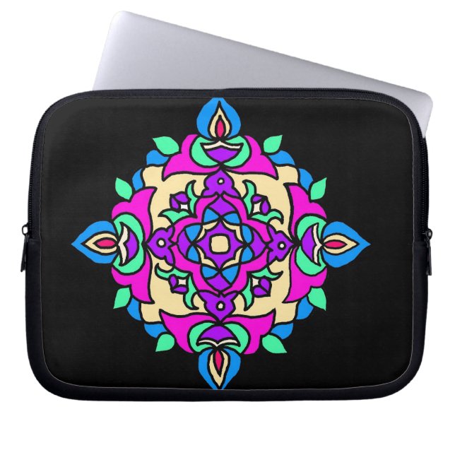 Black Laptop Sleeve with Bright Rangoli Pattern (Front)