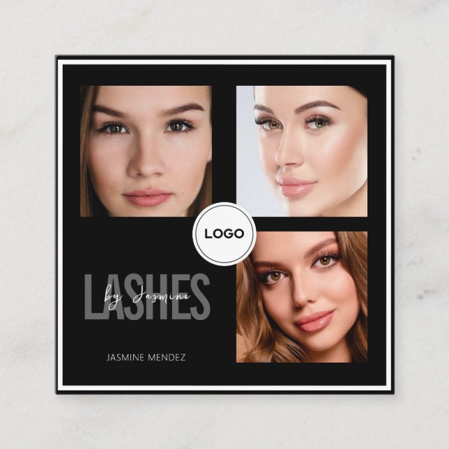 Black Lash Tech Photo Collage QR Code & Review  Square Business Card (Front)