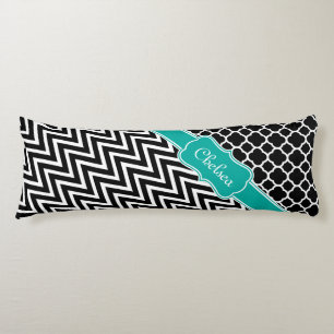 Black Lattice / Chevron Patterns Teal Name Body Pillow