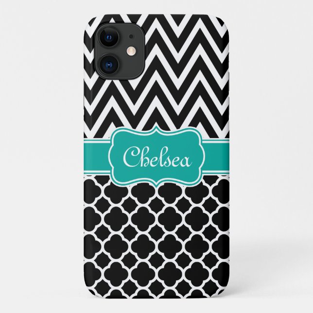 Black Lattice / Chevron Patterns Teal Name Case-Mate iPhone Case (Back)