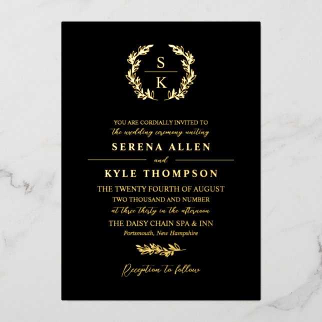 Black Laurel Wreath Monogram Typography Wedding (Front)