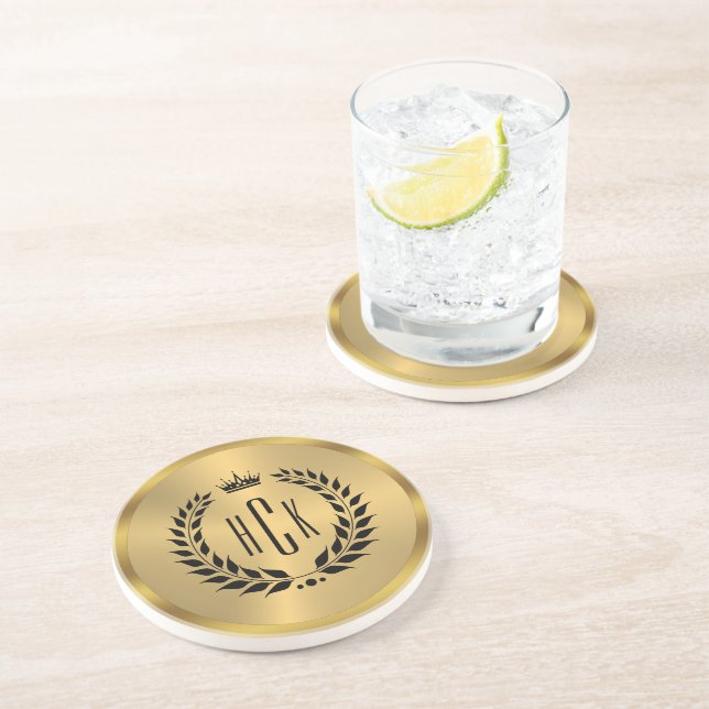 Black Laurel Wreath On Gold Custom Monogram Coaster (Side)