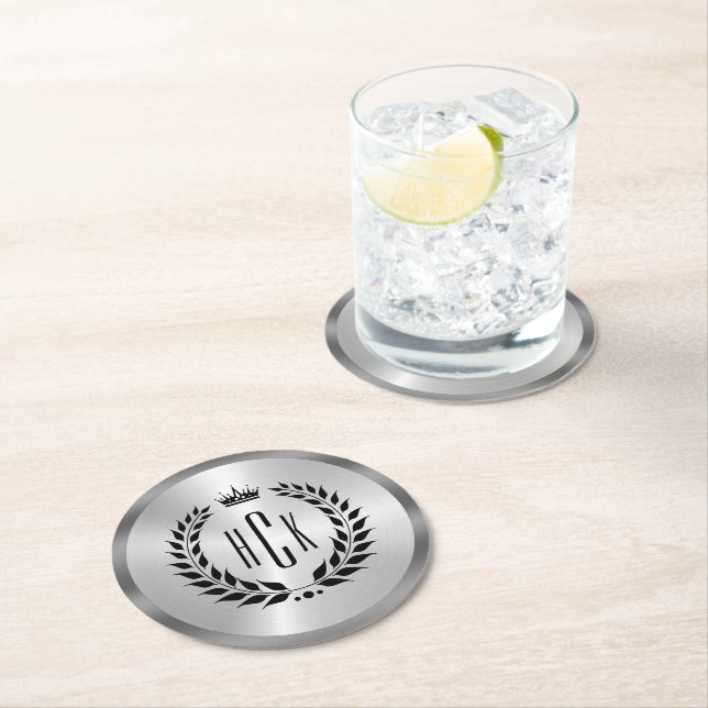 Black Laurel Wreath On Silver Custom Monogram Round Paper Coaster (Insitu)