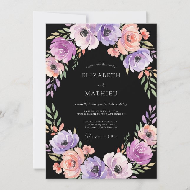 Black Lavender Poppy Wedding Invitation (Front)