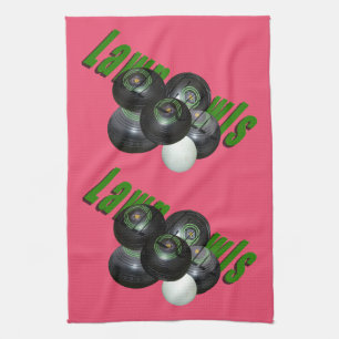 Black Lawn Bowls And Green Lawnbowls Logo, Pink Kitchen Towel