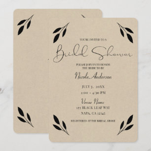 Black Leaf Botanical Rustic Kraft Bridal Shower Invitation