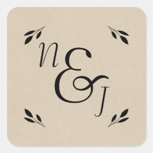 Black Leaf Botanical Rustic Modern Kraft Wedding Square Sticker