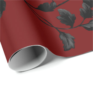 Black Leaf Floral Vine Pattern On Crimson Red Wrapping Paper