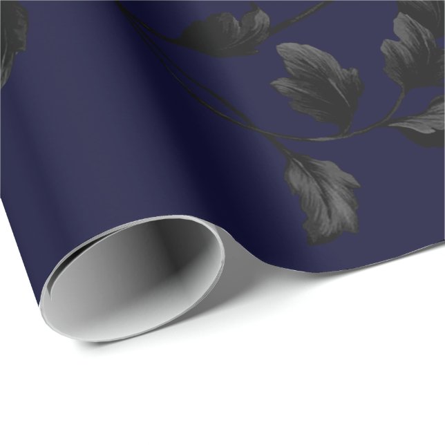 Black Leaf Floral Vine Pattern On Navy Blue Wrapping Paper (Roll Corner)