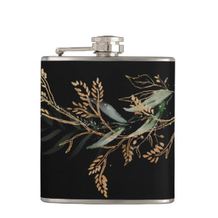 Black Leafy Botanical Eucalyptus Modern Branch Hip Flask