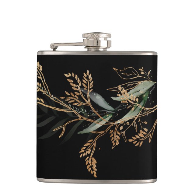 Black Leafy Botanical Eucalyptus Modern Branch Hip Flask (Front)