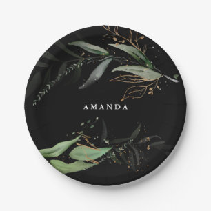 Black Leafy Botanical Eucalyptus Modern Branch Paper Plate