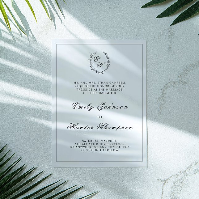 Black Leafy Crest Monogram Wedding Acrylic Invitations (Creator Uploaded)