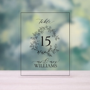 Black Leafy Crest Monogram Wedding Table Number Acrylic Sign