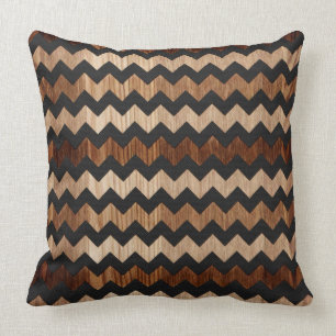 Black Leather and Wood Zig Zag Pattern Throw Pillow