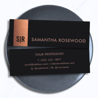 Black Leather & Brushed Copper Bar Monogram Mini Business Card