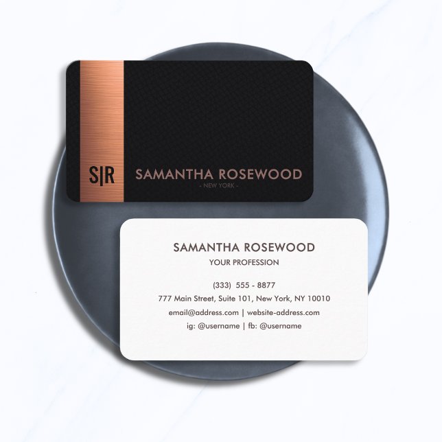 Black Leather & Brushed Copper Panel Monogram  Business Card (Creator Uploaded)