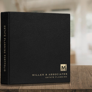 Black Leather Brushed Gold Initial Logo Binder