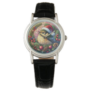 Black Leather Christmas Stained Glass Bird   Watch