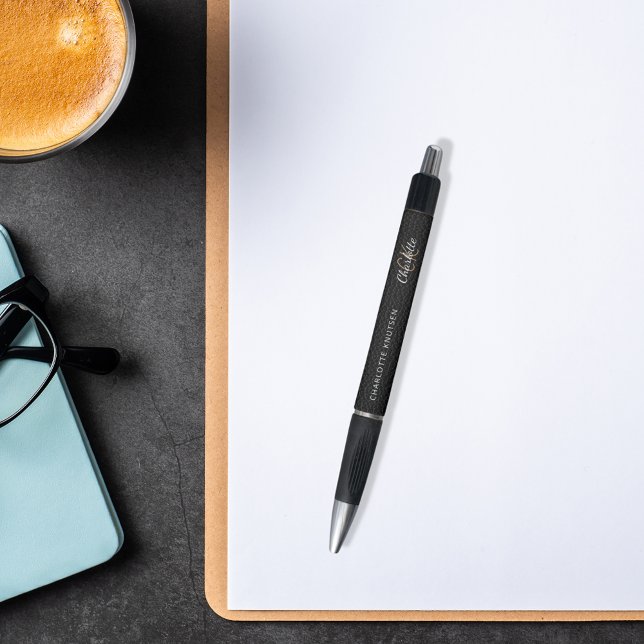 Black leather custom monogram name script pen (Creator Uploaded)